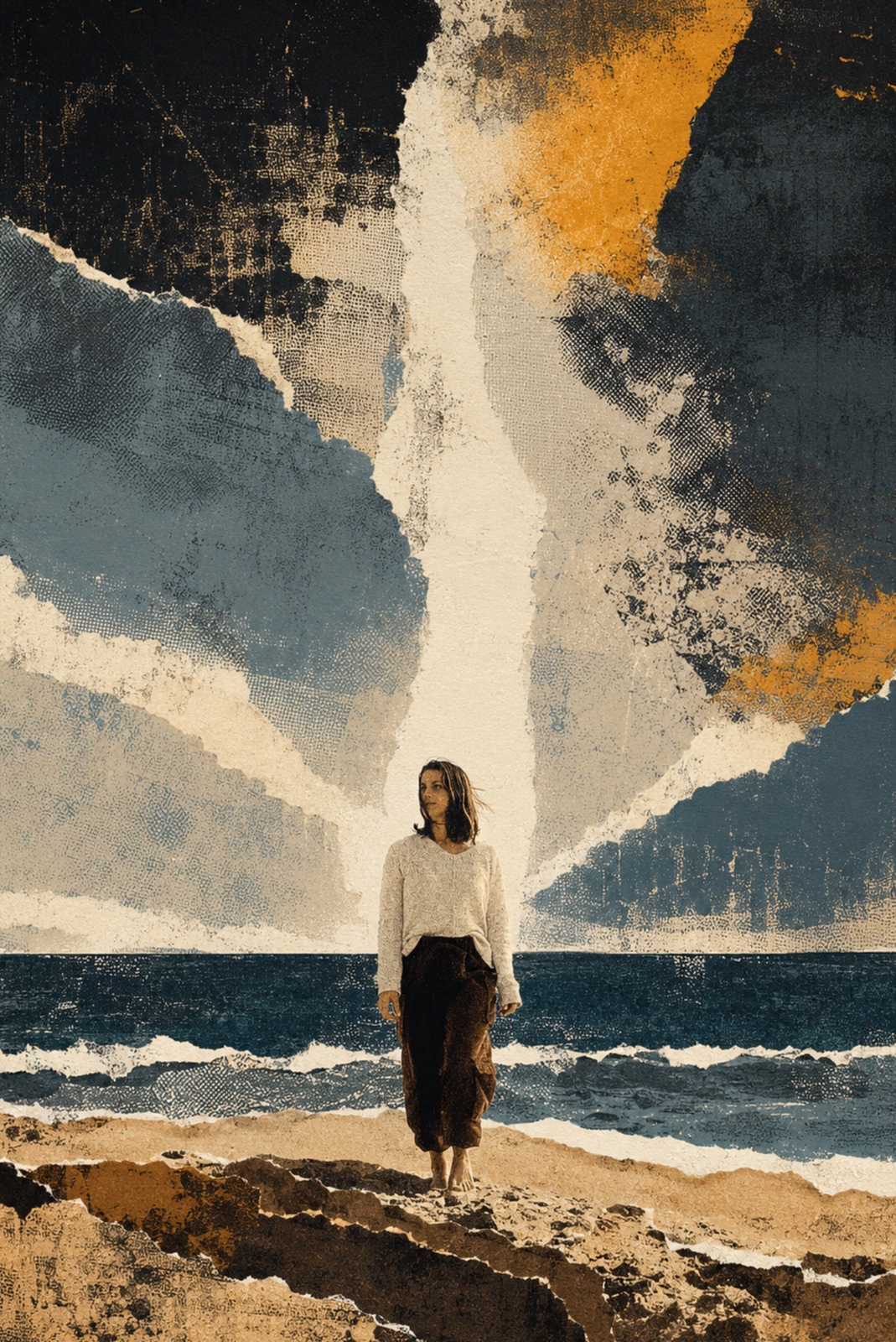 A woman standing alone on the rocks above the sea under a dramatic sky, Nauset