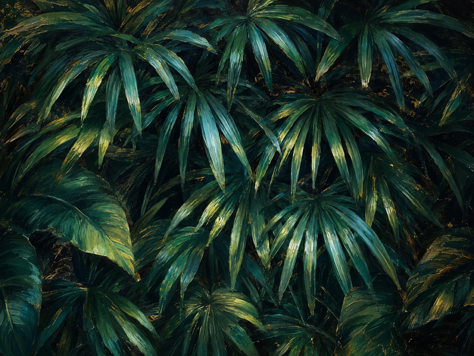 A dense wall of dark green tropical fronds flecked with gold light